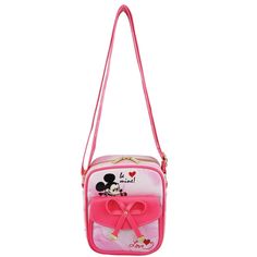 a small pink bag with minnie mouse on the front and bow at the bottom, hanging from a hook