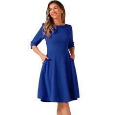 This formal dress, with its unique and sophisticated a-line hem style, adds to your selection for the next seasons with its timeless classic design. This vintage style features a lovely boat neckline, a fitted silhouette, and flared semi-swing skirts that tighten and accentuate curves, making it a figure-flattering piece. Breathable and well-made cloth that elongates your legs and draws attention to your waist. An urban trendy exquisite business lady style can be created by pairing with high heels. Business Lady, Dresses Royal Blue, Lady Style, Office Dress, Dresses Royal, Mini Skater Dress, Royal Blue Dresses, Office Dresses, Hem Style