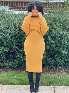 The cold weather just means you get to show off in this chunky ribbed maxi knit sweater dress! Thick and stretchy ribbed knit shapes this dress that includes a chic bat sleeve cropped turtleneck poncho. Unique ribbing accents the bodice before flowing into a bodycon silhouette that ends at midi hem with a back slit. Unlined. 50% Rayon, 28% Polyester, 22% Nylon. Hand Wash Cold. Do Not Bleach. Hang To Dry. Stretchy material Model (normal size 8/M) is wearing a Small Womens Dresses Church, Sweater Dress With, Styling A Brown Dress, Cute Sweater Dress Outfits, Turtleneck With Dress Outfit, Modest Winter Dress Outfit, Dress More Feminine Casual, Crochet Fall Dress Pattern Free, Winter Dress Outfit With Boots