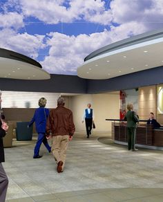 people walking around in an office lobby under a cloudy blue sky