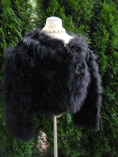 "Fantastic, eye catching black feather cropped coat. Collarless and trimmed in longer shiny feathers around the shoulder area. Three eye and hooks for closure and lined in black acetate. Beautiful, full of motion and in like new condition. Marked a medium. Measurement's *Shoulder to Shoulder 18\" *Shoulder to Hemline 18\" *Sleeve 20\"  Bust 36\"" Evening Feather Trim Faux Fur Outerwear, Evening Faux Fur Outerwear With Feather Trim, Chic Black Fur Coat With Feather Trim, Fitted Black Outerwear With Feather Trim, Black Party Outerwear With Feather Trim, Evening Fur Coat With Feather Trim For Fall, Fall Evening Fur Coat With Feather Trim, Black Fur Coat With Faux Fur Trim For Party, Fitted Feather Trim Outerwear For Evening