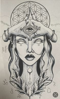 a drawing of a woman's face with an all seeing eye on her forehead