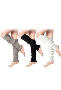 PRICES MAY VARY. Skin-friendly Material - These 3 Pairs knit leg warmers are made of polyester elastic fibers. They are soft and comfortable, and can well keep the heat in the calf and bring you warmth throughout the day. The top of the leg warmers is equipped with anti slip strips, which are not easy to fall off when worn. Size - Total length: 46cm/18.11inch. The leg warmer has a certain degree of elasticity and can accept a maximum upper leg circumference of 55 cm/21.65 inch. One size fits mos One Size Footless Ribbed Leg Warmers, Thick Stretch Casual Leg Warmers, Casual Knitted Footless Socks, Casual Thick Stretch Leg Warmers, Casual Comfortable Solid Color Leg Warmers, Casual Stretch Acrylic Socks, Thick Acrylic Socks For Winter, Ribbed Knee-high Leg Warmers For Winter, Thick Acrylic Casual Socks