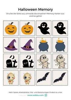 halloween memory game for kids with pumpkins and ghostes