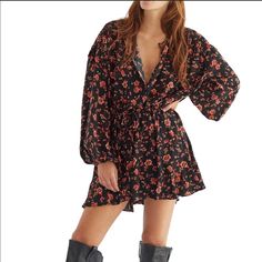 Contemporary From Free People, This Dress Features V-Neckline Long Sleeves Floral Print Front Button Closure Approx. 34.5" Length Rayon Machine Wash/Line Dry Color: Dark Combo Imported Long Sleeve Flower Dress, Beach Mini Dress, Free People Mini Dress, Boho Mini Dress, Flower Print Dress, Dress With Tie, Knit Mini Dress, Wrap Dress Floral, Pink Mini Dresses