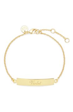 Timeless monogram etching makes this elegant, American-made bar bracelet a meaningful gift. 6" length; 1" extender Lobster clasp closure 14k-gold plate Made in the USA Name Plate Bracelet Gold, Classic Engraved Adjustable Gold Bracelet, Classic Engraved Gold Bracelet For Personalized Gift, Elegant Nameplate Bracelet With Adjustable Chain, Elegant Rectangular Engraved Gold Bracelet, Elegant Yellow Gold Rectangular Name Bracelet, Classic Everyday Gold Bracelet Engraved, Classic Gold Bracelet With Engraving Option, Elegant Gold Rectangular Name Bracelet