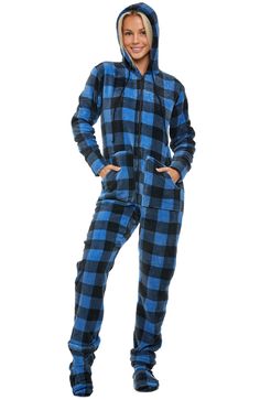 Buffalo Check Blue Adult Footie Pajamas, Onesies For Women, Adult Onesies, Winter Pjs, Adult Onesie Pajamas, Footed Pajamas, Men's Robes, Adult Pajamas, Cotton Nightgown