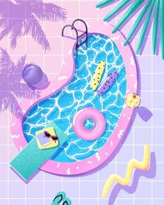 an illustration of a pool with donuts and other items