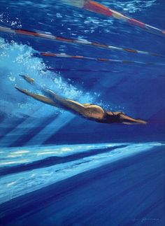 an oil painting of a woman swimming in the ocean