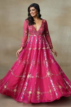 Pink can can attached anarkali featuring resham dabka embroidered floral and lotus motifs, highlighted by sequin bead embellishments. - Aza Fashions Anarkali Dress With Floral Embroidery And V-neck, Luxury Pink Embroidered Anarkali Fabric, Pink Embellished Anarkali Dress, Pink Hand Embellished Floor-length Anarkali Set, Pink Embellished Anarkali Embroidered Fabric, Anarkali Patterns, Floral Anarkali, Organza Gowns, Gown Suit