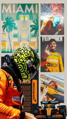 a man in an orange shirt and helmet next to a race car with posters on the wall behind him