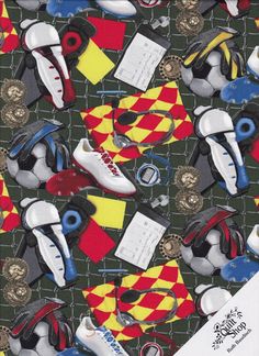 a close up of a tie with many different items on it, including shoes and soccer balls