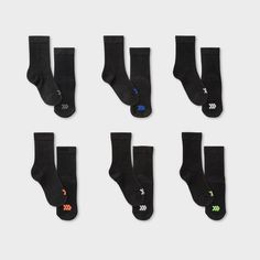 Why we?re ALL IN: Keep your child's feet dry and comfortable through any day with the moisture-wicking fabric of these crew socks. A smart design with arch support, reinforced heel and toe, and zone cushioning creates the perfect functional fit and incredible feel for any day of the week. Plus, the black color with colorful logo accents on the tops of the toes makes them easy to wear with any of their everyday ensembles. When families come together to discover the joy of staying active, All In M Interval Running, Colorful Logo, Staying Active, Boys Socks, All In Motion, Athletic Socks, Day Of The Week, No Show Socks, Knee High Socks