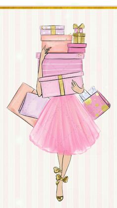 a woman in a pink tutu carrying lots of presents