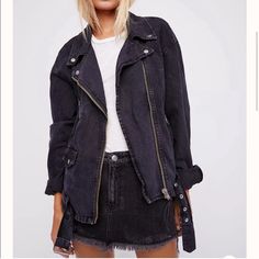 New With Tags - Oversized Denim Motorcycle Jacket, Denim Biker Jacket, Unique Womens Fashion, Corset Lace, Free People Jacket, Oversized Denim Jacket, Free People Jeans, Free People Black, Women's Coats & Jackets