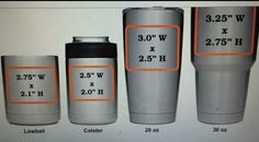 three different sizes and measurements of the same cup