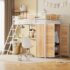 a white loft bed sitting next to a wooden desk