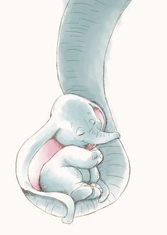 a drawing of a baby elephant sleeping on its mother's back