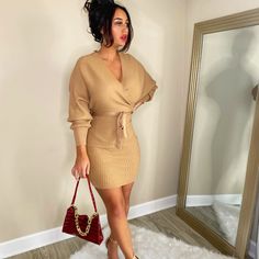 A Seasonal Must Have! Love A Good Sweater Dress! Cozy But Sexy! -Runs True To Size -Stretchy Material -Model 5’3” Is Wearing A Small Beige Bodycon Dress For Night Out In Fall, Beige Bodycon Dress For Fall Night Out, Beige V-neck Sweater Dress For Party, Winter Going Out Mini Dress With V-neck, V-neck Mini Dress For Winter Day Out, Camille Dress, Cool Sweaters, Love A, Stretchy Material