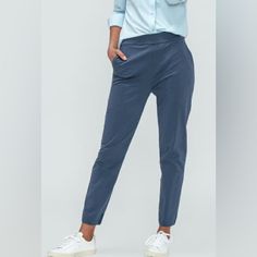 Jogger Type Pant With Stretch Fabric. Relaxed Fit And High Rise Waist. Naturally Wrinkle Resistant Color Is Slate Blue. Size Women’s 14 Versatile Denim Blue Bottoms With Elastic Waistband, Versatile Blue Pants With Pockets, Relaxed Fit Ankle-length Denim Blue Pants, Stretch Denim Blue Pants For Work, Denim Blue Ankle-length Relaxed Fit Pants, Stretch High-waisted Denim Blue Pants, Casual Denim Blue Pants For Business Casual, Business Casual Denim Blue Casual Pants, Versatile Mid-rise Blue Pants