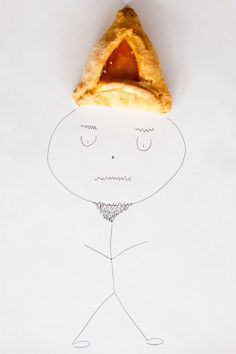 a drawing of a person with a slice of pizza on his head