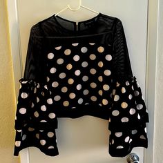 Polka Dot Black And White Blouse With Flounced Sleeves And Black Net Detail And A Zipper In The Back. Never Worn Without Tags. Polka Dot Long Sleeve Tops For Party, Polka Dot Long Sleeve Party Tops, Polka Dot Long Sleeve Top For Night Out, Long Sleeve Polka Dot Top For Night Out, Fall Party Blouse In Polka Dot, Chic Polka Dot Blouse For Party, Spring Polka Dot Tops For Night Out, Polka Dot Tops For Spring Night Out, Chic Polka Dot Party Blouse