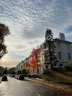 cars are parked on the street in front of some buildings and trees with orange leaves