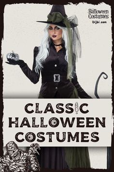 a woman dressed as a witch holding a sign that says classic halloween costumes for women