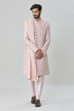 Pink sherwani with all over floral butti embroidery. Paired with churidar and embroidered stole. - Aza Fashions Butti Embroidery, Pink Sherwani, Embroidered Sherwani, Pink Men, Embroidery Floral, Flowering Vines, Silk Embroidery, Pink Art, Churidar