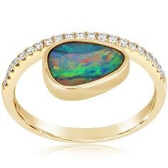 14K yellow gold Australian opal doublet & diamond ring from the Reis-Nichols Collection. The ring features one bezel set freeform opal doublet, and 21 round brilliant cut diamonds weighing .15 ctw. Size 7 in stock now. Special order sizes available. Pricing may vary with size. Opal Diamond Ring, Australian Opal, Yellow Gold Ring, Round Brilliant Cut Diamond, Brilliant Cut Diamond, Yellow Gold Rings, Bezel Setting, Round Brilliant, Diamond Shapes