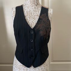 New Front Lined Fitted Sleeveless Outerwear With Floral Embroidery, Fitted Sleeveless Floral Embroidered Outerwear, Fitted Floral Embroidered Vest For Fall, Elegant Embroidered Fitted Vest, Elegant Fitted Embroidered Vest, Womens Long Vest, Faux Suede Vest, Faux Fur Vest Black, Brown Pinstripe