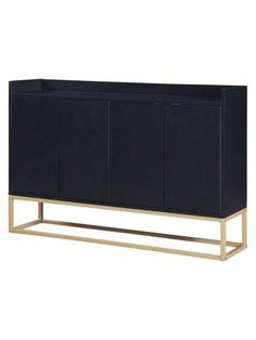 the sideboard is black and gold, with two doors on each side that are open