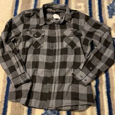 Long Sleeve Button Down Shirt With Two Chest Pockets With Collared Neck Flannel Top With Snap Buttons And Collared Shape, Flannel Long Sleeve Tops With Buttons, Classic Black Flannel Shirt With Buttons, Gray Long Sleeve Shirt With Button Closure, Gray Long Sleeve Flannel Shirt For Fall, Black Collared Flannel Shirt With Buttons, Black Collared Flannel Shirt With Pockets, Black Collared Flannel Shirt, Black Casual Flannel Shirt With Pockets