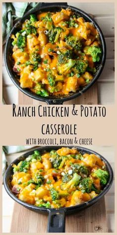 ranch chicken and potato casserole with broccoli, bacon & cheese in a cast iron skillet