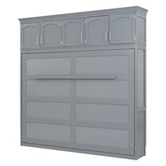 a gray cabinet with doors and drawers