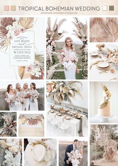 a collage of photos with flowers and palm trees in the background, including a wedding cake