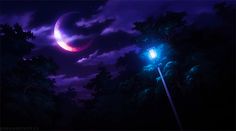 the night sky is full of purple clouds and a half - moon in the distance