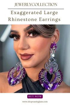 Exaggerated Large Rhinestone Earrings Purple Bridal Earrings For Party, Purple Crystal Earrings For Wedding, Glamorous Purple Drop Earrings, Purple Jeweled Crystal Earrings, Glamorous Jeweled Crystal Bridal Earrings, Glamorous Jeweled Bridal Earrings For Party, Purple Crystal Jeweled Earrings, Jeweled Crystal Drop Earrings, Glamorous Purple Jewelry For Evening