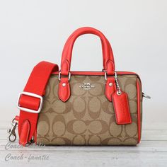 Nwt Coach Cr338 Mini Rowan Satchel Khaki In Signature Canvas Khaki/Miami Red Details: Signature Coated Canvas And Smooth Leather Two Credit Card Slots Zip-Top Closure Handles With 2.75" Drop Detachable Strap With 23.5" Drop Length: 7.0" Height: 4.75" Width: 4.0 In Smoke Free Home!! All Items Are Guaranteed 100% Authentic And Brand New ! Red Details, Signature Canvas, Cute Purses, Work Outfits, Zip Top, Smooth Leather, Card Slots, Slots, Miami