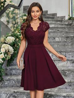 Floral Lace Scallop Trim Summer Prom Party Swing Dress Burgundy Elegant  Cap Sleeve Lace Plain A Line,Fit and Flare Slight Stretch Summer Weddings & Events, size features are:Bust: ,Length: ,Sleeve Length: Red Frock Design, Womens Prom Dresses, Scallop Trim, Vestidos Prom, Prom Party, Ladies Party, Dress 100, Swing Dress