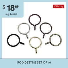 four different metal rings are shown with the price tag for each item in this set