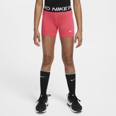 The Nike Pro Shorts are a super-duper stretchy, supportive layer that can be worn alone, or under your shorts or uniform. Add in Dri-FIT technology and sweat has no chance. Sporty Pink Cheerleading Bottoms, Sporty Pink Bottoms For Cheerleading, Nike Compression Shorts For Sports Events, Nike Compression Squat Proof Bottoms, Nike Sweat-resistant Training Shorts, Pink Functional Athletic Shorts For Training, Short Nike, Girl Train, Shorts For Girls