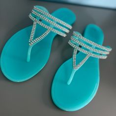 Aqua Blue Sandals With Rhinestones. Never Worn Blue Jelly Sandals With Round Toe For Party, Blue Rhinestone Round Toe Sandals, Blue Jelly Sandals For Summer Party, Blue Summer Party Flip Flops, Qupid Shoes, Blue Sandals, Aqua Blue, Women's Shoes Sandals, Shoes Sandals