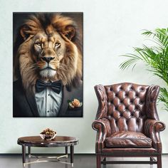 a lion in a tuxedo with a bow tie on sitting next to a chair