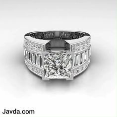 a princess cut diamond engagement ring with channeled shoulders and side stones in white gold