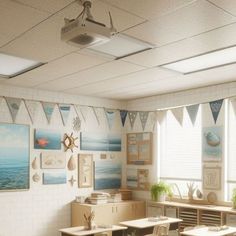 an empty classroom with desks, chairs and pictures on the wall