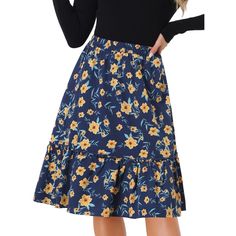 Made of floral-printed fabric, this midi skirt is high-waisted featuring an A-line silhouette. This flowy midi skirt with a tiered design and vintage allover floral prints. Featuring an A-line and tiered details, it is a summer casual skirt to be paired well with a top and sandals for a cute day look and with a stylish T-shirt and vintage high heels for a charming inspired look. Casual Summer Skirt, Vintage High Heels, Midi Skirt With Pockets, Ruffle Fabric, Midi Flare Skirt, Floral Midi Skirt, Women's Skirts, Casual Skirt, Chic Woman