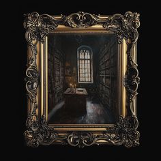 an oil painting of a room with bookshelves and a desk in the corner