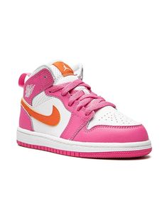 pink/orange/white signature Swoosh logo detail signature Air Jordan Wings logo round toe front lace-up fastening ankle-length rubber sole These styles are supplied by a premium sneaker marketplace. Stocking only the most sought-after footwear, they source and curate some of the most hard to find sneakers from around the world. Air Jordan For Kids, Jordans For Kids, Kids Nike Shoes, Nike Shoes Blue, Girls Footwear, Jordan Wings, Kids Jordan, Pink Jordans, Mommy Daughter Outfits