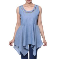 India's Sandip Agarwal creates a blouse to keep you in style for the warmer months. The blue cotton top features a gracefully flared asymmetrical peplum that flatters any figure. Colorful floral embroidery adorns the neckline and the sleeveless pullover will keep you fashionable and cool. Asymmetrical Cotton Blouse For Spring, Spring Cotton Blouse With Asymmetrical Hem, Sleeveless Cotton Embroidered Top, Casual Sleeveless Top With Embroidered Hem, Summer Sleeveless Embroidered Cotton Top, Sleeveless Cotton Blouse With Floral Embroidery, Fitted Cotton Blouse With Embroidered Hem, Fitted Cotton Blouse With Asymmetrical Hem, Fitted Sleeveless Embroidered Top